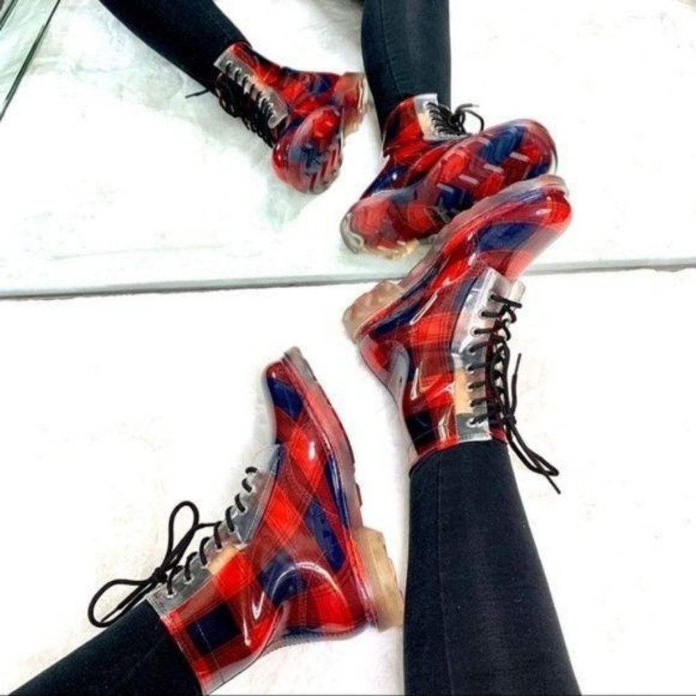 !! NEW !! Plaid Lace Up Combat Style Rain Boots - Picture 7 of 11